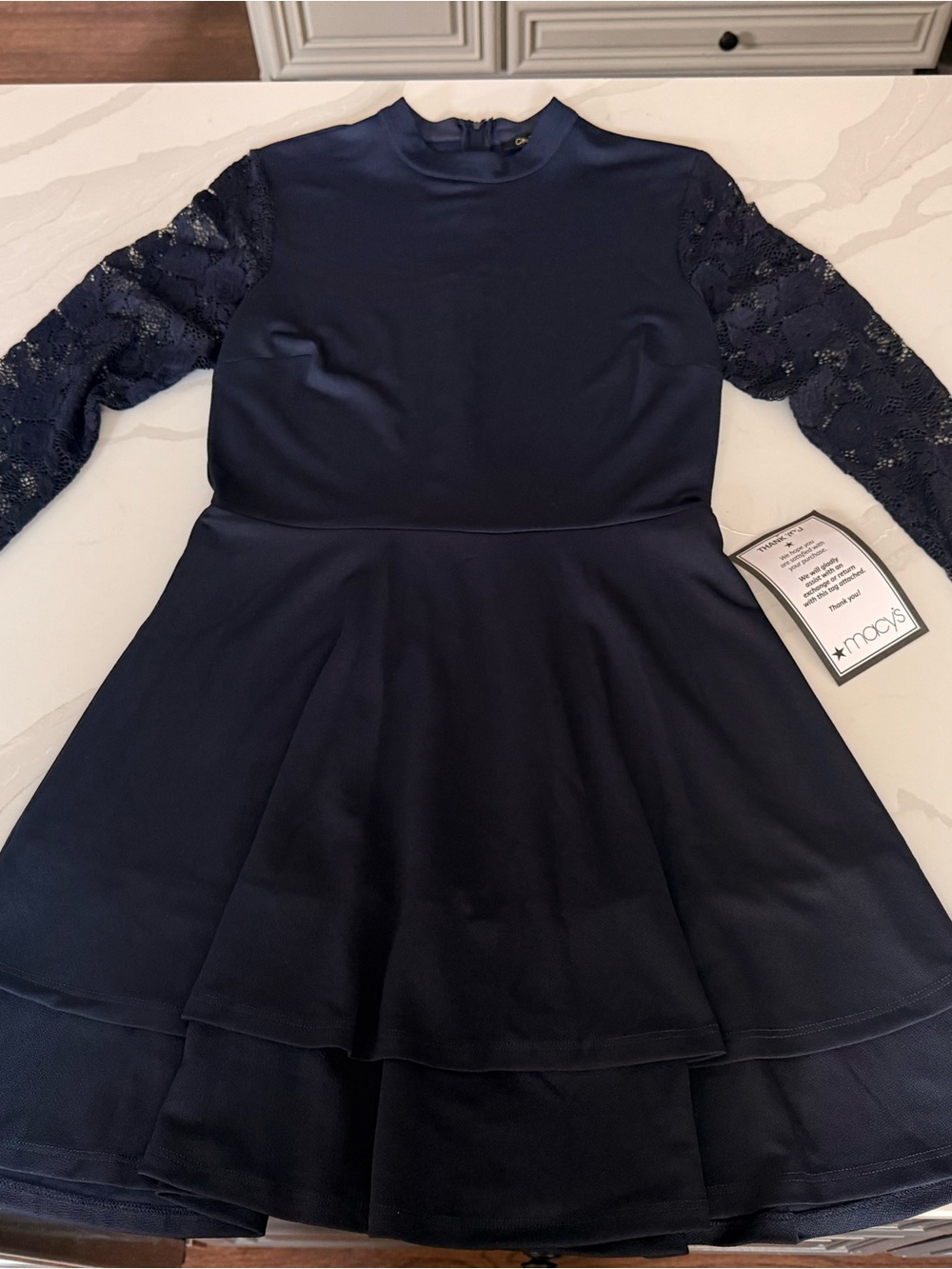 Women's Navy Lace-Sleeve Fit & Flare Dress